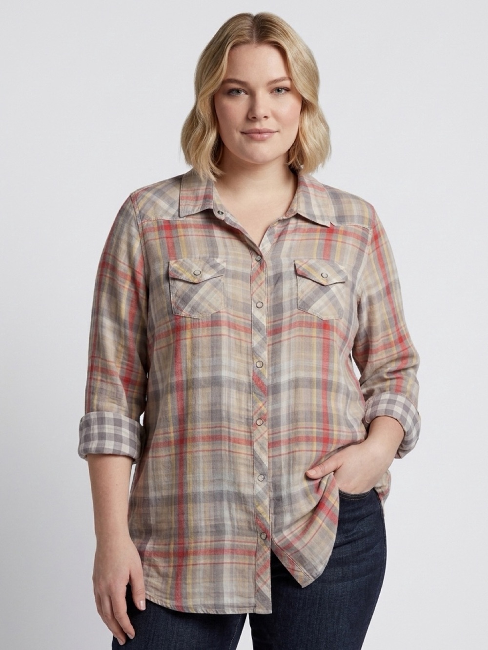 NWT Old Navy Plaid Grey/Red XXL Button-Up Shirt